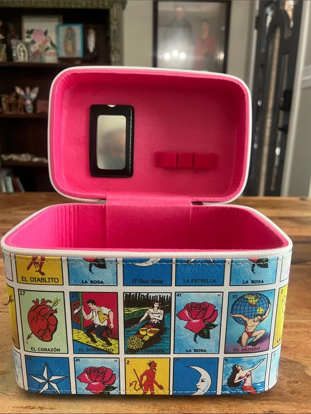 Makeup Organizer Case with Lotería Print in Blue